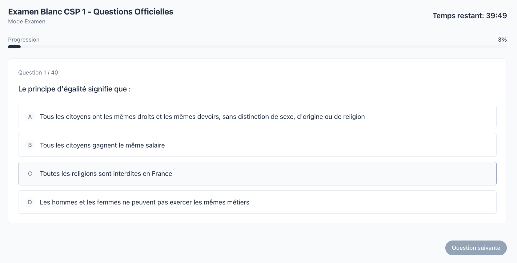 Interface examen civique avec chronomètre de 45 minutes et barre de progression pour gérer votre temps