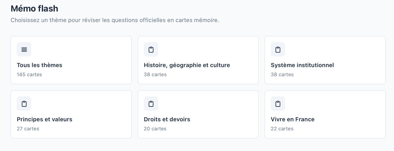 Mémo flash pour réviser les questions officielles de l'examen civique en cartes mémoire
