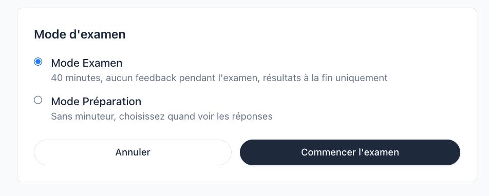 Modes d'entraînement examen civique : Mode Examen chronométré et Mode Préparation à votre rythme