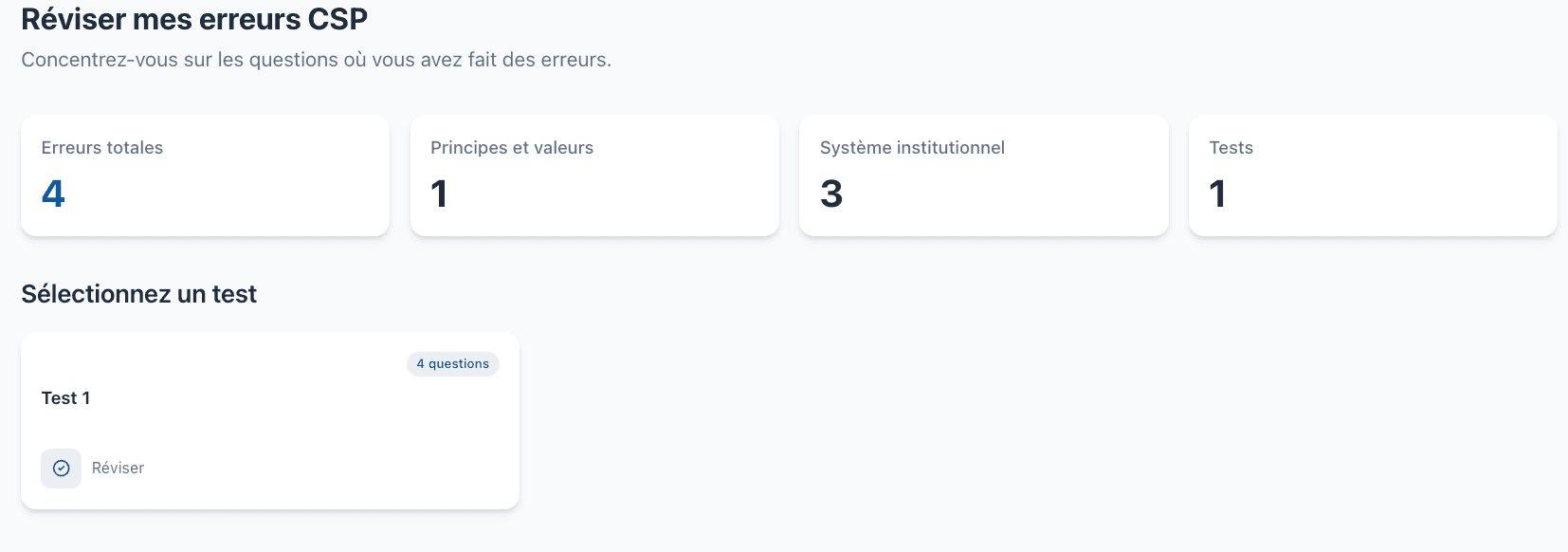 Page de révision des erreurs d'examen civique pour améliorer votre score et identifier vos points faibles