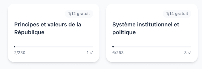 Sections thématiques d'entraînement pour l'examen civique français : Principes, Système, Droits, Histoire, Vivre